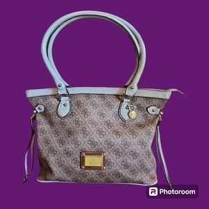VTG GUESS 1990s Brown Cream Trim Logo Monogram Reama Tote Bag